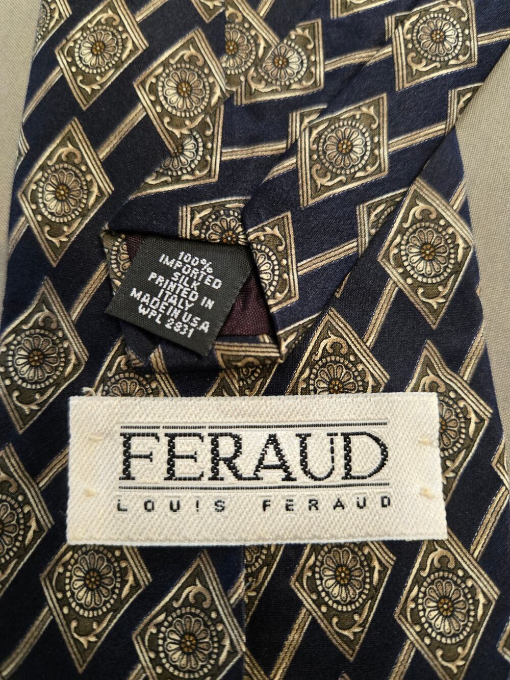 Louis Feraud Vintage Silk Tie 4" wide Navy Gold Geometric 57" long